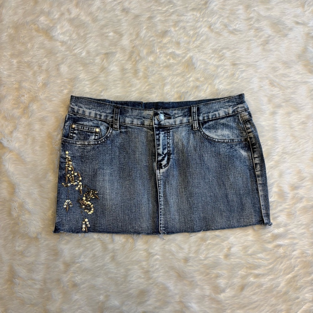 Y2K Funhouse Vintage Denim Raw Hem Micro Mini Skirt Sequin Detail Juniors XL